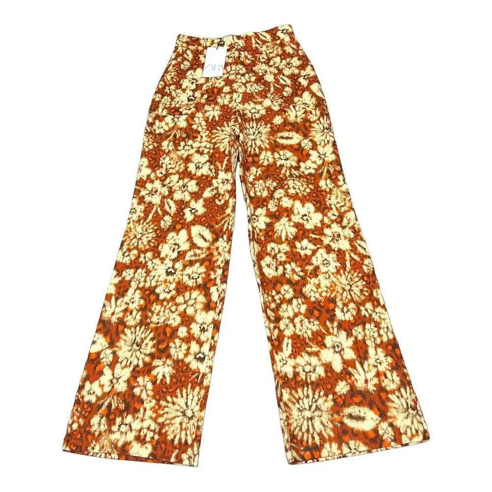 Zara Linen Blend Floral Wide Leg High Rise‎ Pants Boho Summer Festival Womens XS